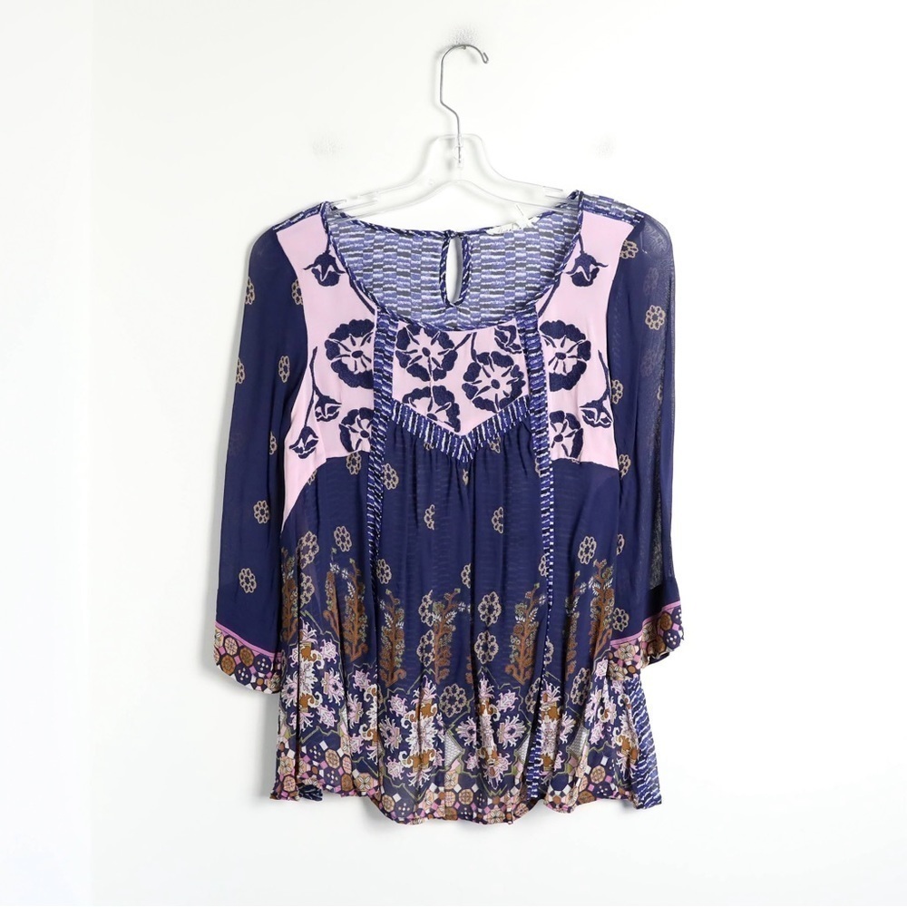 Anthropologie Floreat Rhiannon Peasant Top Bohemian Blouse Blue Embroidered S - Picture 2 of 12